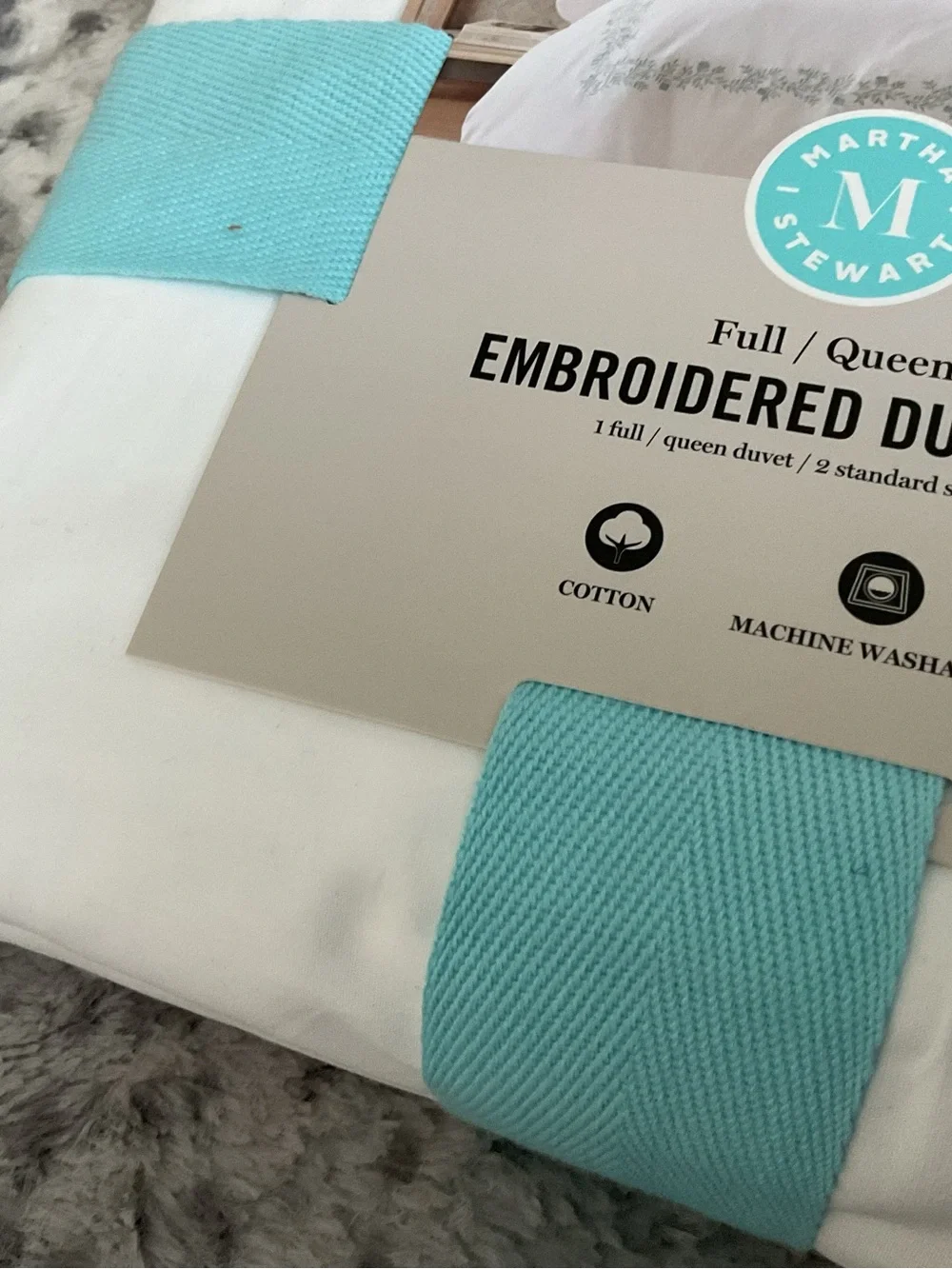 Martha Stewart Embroidered Duvet Cover Set in Aqua and White